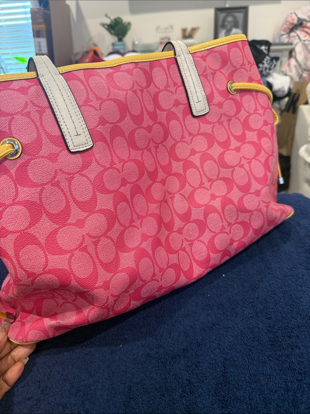 Coach Pink and Yellow Canvas Stripe Tote - Picture 2 of 7